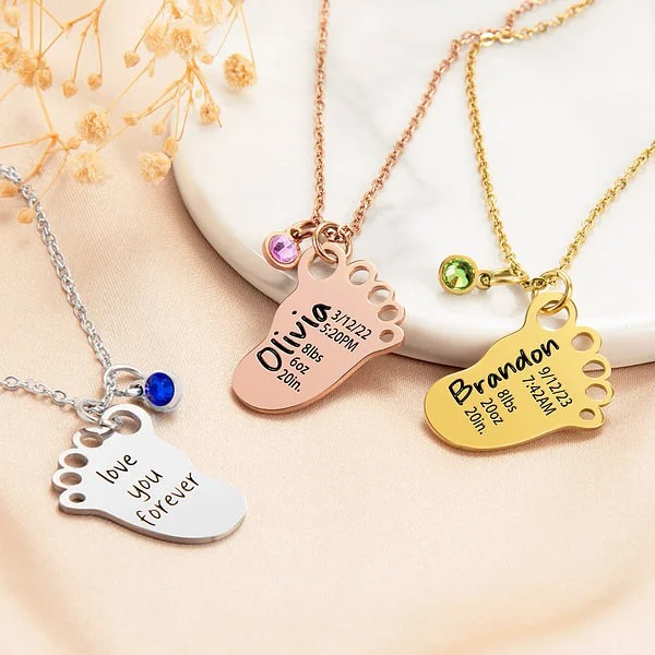 Personalisierte Eingravierte Baby Fuß Anhänger Halskette mit Geburtsdaten und -stein Geburtstag Babyparty Geschenk für Mutter Neugeborenes