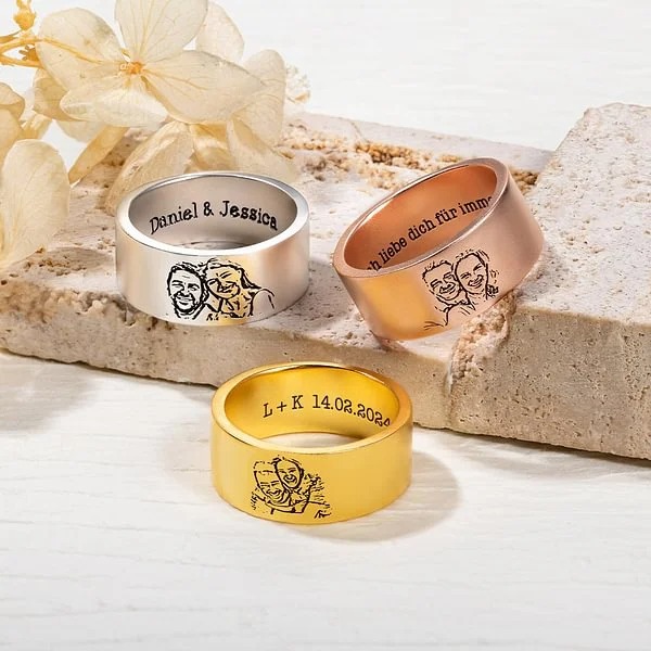 Personalisierter Ring mit Namen Porträts Datum Gravur