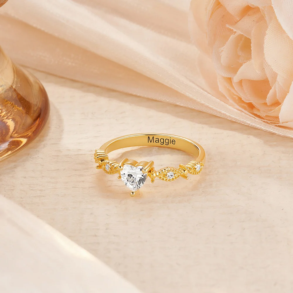 Personalisierte zierliche Herz Birthstone Zirkon Versprechen Ring mit eingraviertem Namen