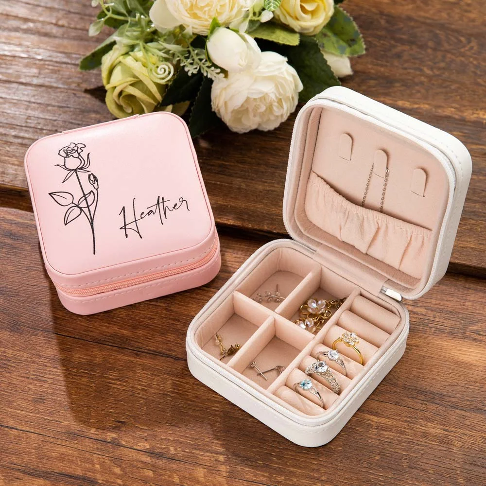 Personalisiertes PU-Leder Schmuckkästchen mit Geburtsblume und Namen