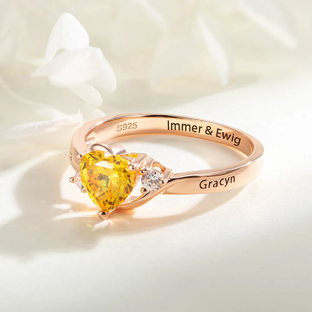 Personalisierter Herz Citrin- Geburtsstein Ring mit Text Gravur Sterling Silber