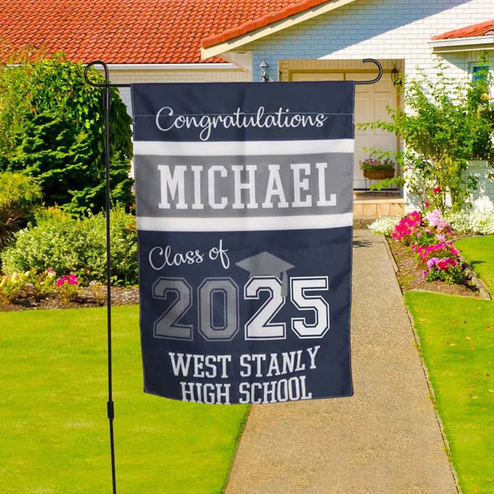 Abschluss Gartenflagge 2025 personalisiert – Doppelseitige Flagge mit Name und Klasse