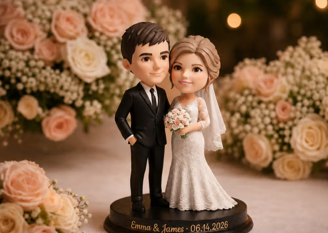 Personalisierte 3D-Figur für Hochzeitspaare nach Foto mit Wunschtext: Ein charmantes Andenken an den großen Tag