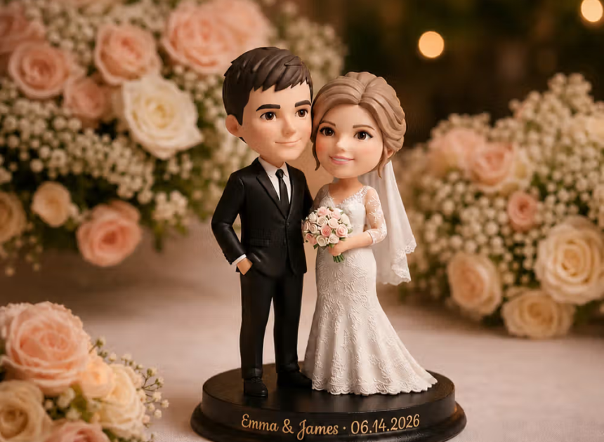 Personalisierte 3D-Figur für Hochzeitspaare nach Foto mit Wunschtext: Ein charmantes Andenken an den großen Tag