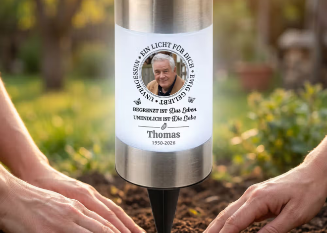 Personalisiertes Solar Grablicht mit Trauerspruch und Foto: Ein schönes und praktisches Licht für die Gedenkstätte