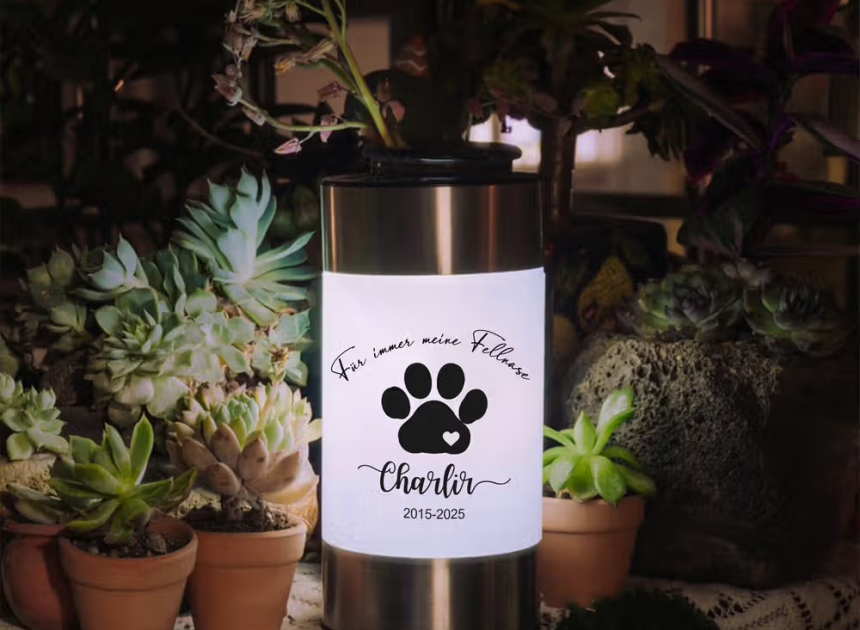 Personalisiertes Solar-Gartenlicht mit Pfotenabdruck: Wetterfeste Haustier-Gedenkleuchte aus Edelstahl mit Name & Spruch