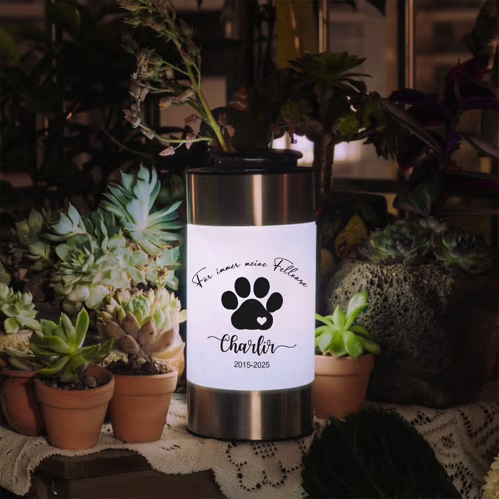 Personalisiertes Solar-Gartenlicht mit Pfotenabdruck: Wetterfeste Haustier-Gedenkleuchte aus Edelstahl mit Name & Spruch