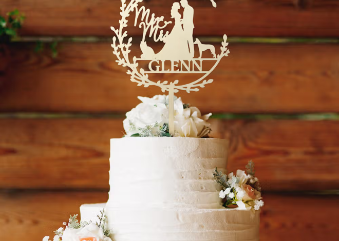 Personalisierter Tortenaufsatz mit Brautpaar- & Haustiersilhouette: Kuchenstecker aus Acrylglas und Lindenholz mit Wunschnamen zur Hochzeit