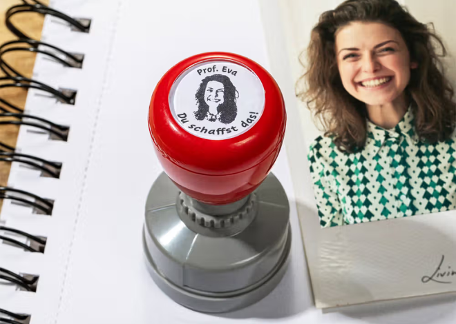 Personalisierter Lehrerstempel mit Namen, Gesicht & Text: Selbstfärbender Stempel für Hausaufgaben