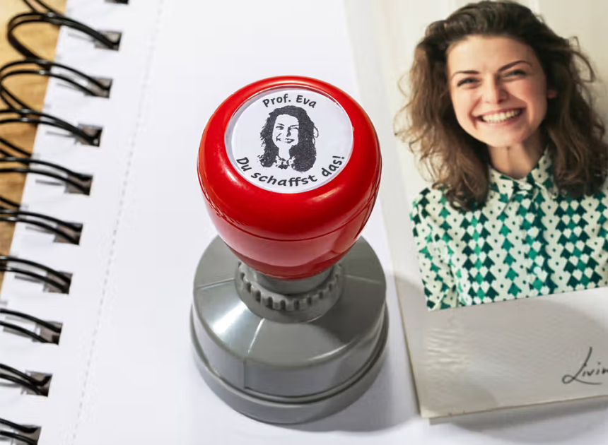 Personalisierter Lehrerstempel mit Namen, Gesicht & Text: Selbstfärbender Stempel für Hausaufgaben