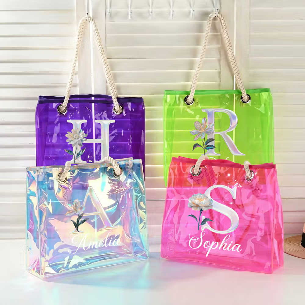 Personalisierte Strandtasche mit irisierender Geburtsblume und Initiale: Ein stilvoller Begleiter für den Sommer