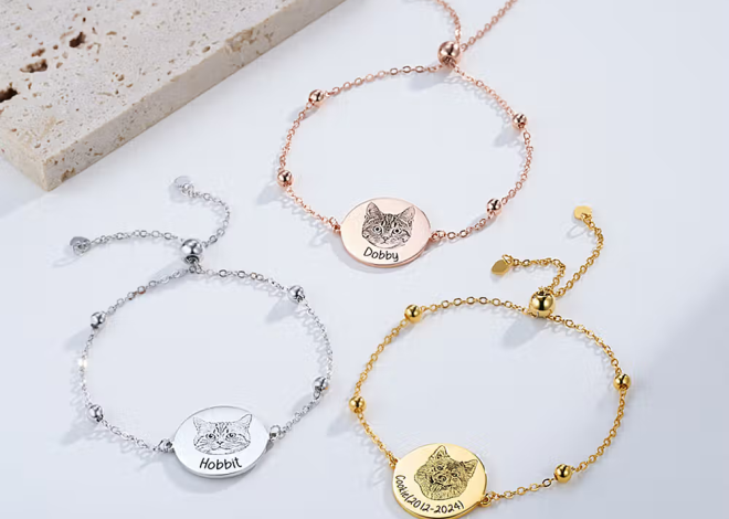 Personalisiertes verstellbares Armband mit Hunde- oder Katzenporträt und Textgravur