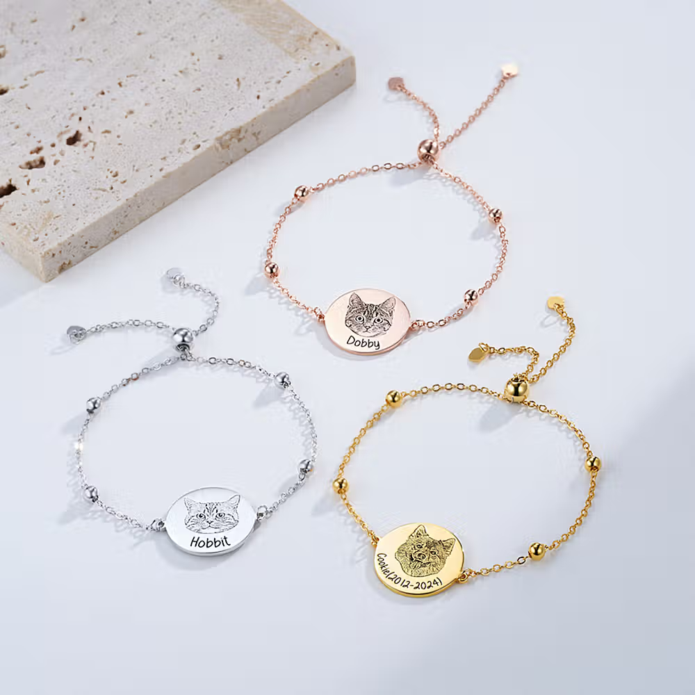 Personalisiertes verstellbares Armband mit Hunde- oder Katzenporträt und Textgravur
