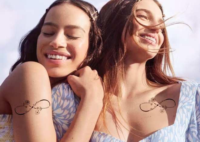 Personalisiertes Abziehtattoo im Unendlichkeitszeichen-Design mit Geburtsblumen: Temporärer Hautschmuck mit zwei Wunschnamen