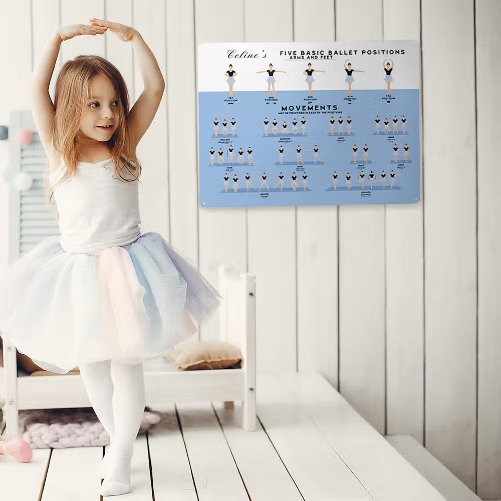 Personalisiertes Ballett-Blechschild mit Tanzpositionen: Dekoratives Wandschild aus Weißblech mit individuellem Namen