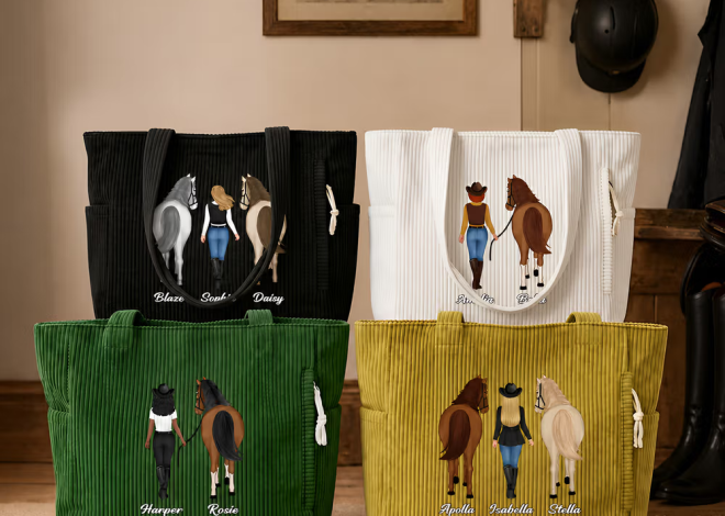 Personalisierte Pferde & Reiterin Cordtasche mit Namen: Geräumiger Cord-Shopper mit individuellem Rückenansicht-Design