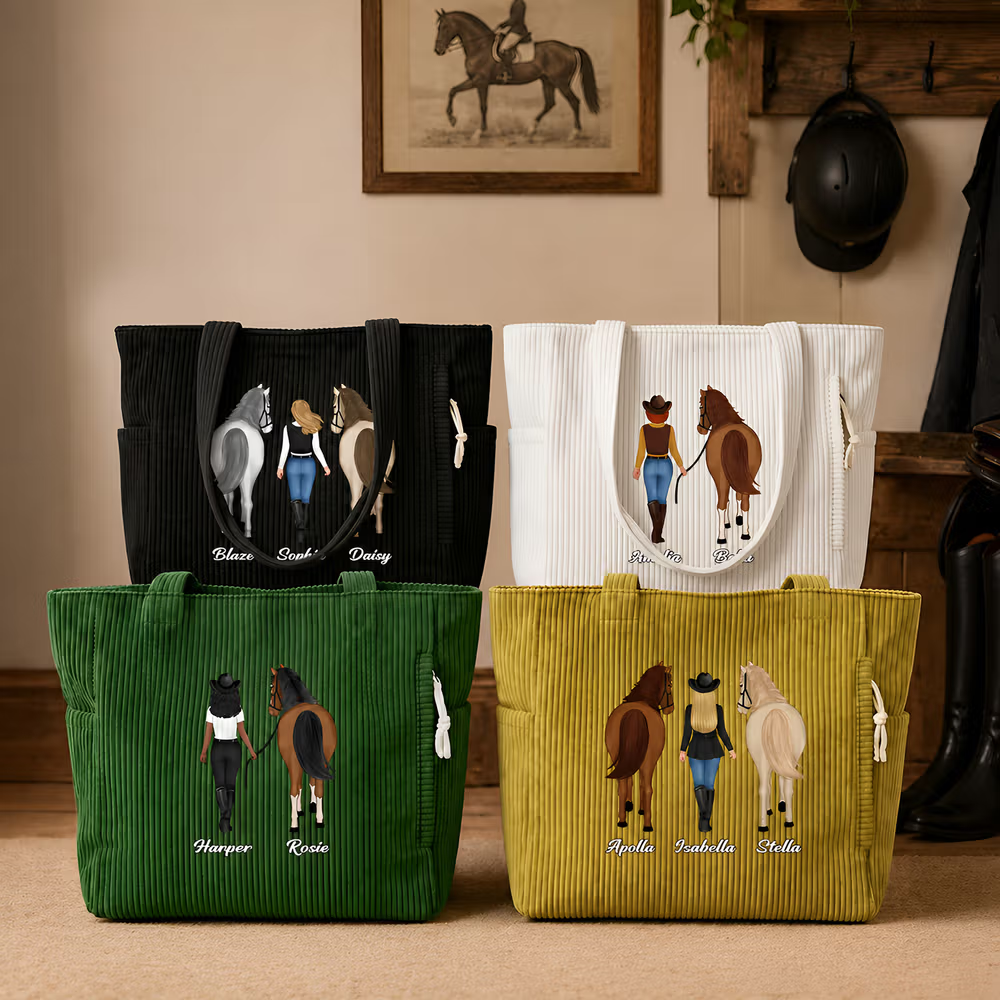 Personalisierte Pferde & Reiterin Cordtasche mit Namen: Geräumiger Cord-Shopper mit individuellem Rückenansicht-Design