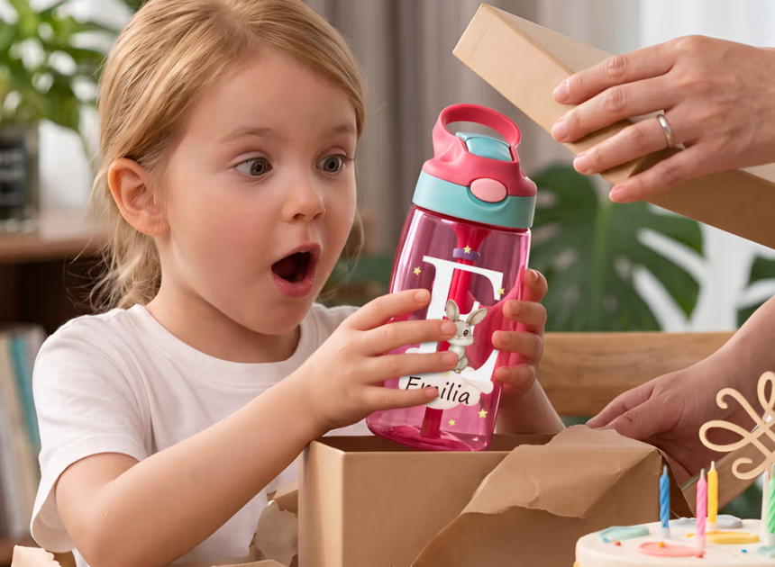 Personalisierte Waldtier Kinder-Wasserflasche mit Strohhalm & Namen: Auslaufsichere Trinkflasche für Kindergarten, Schulanfang und Freizeit