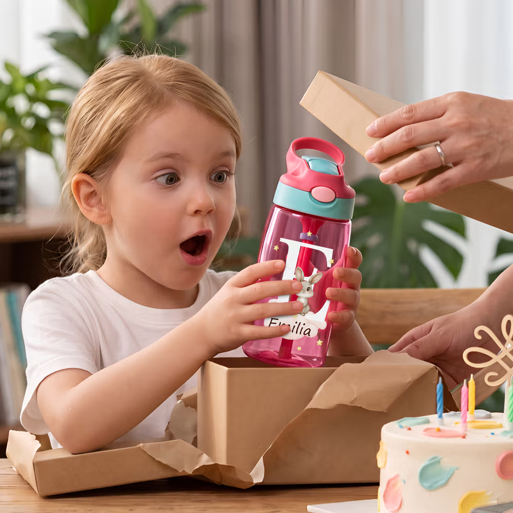 Personalisierte Waldtier Kinder-Wasserflasche mit Strohhalm & Namen: Auslaufsichere Trinkflasche für Kindergarten, Schulanfang und Freizeit