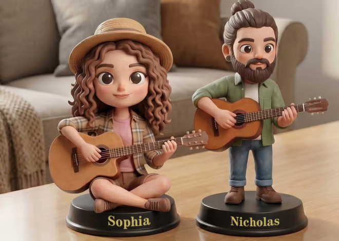Ein persönlicher Musikmoment als Miniatur: Personalisierte 3D-Miniaturfigur nach Foto mit Gitarre und Wunschtext