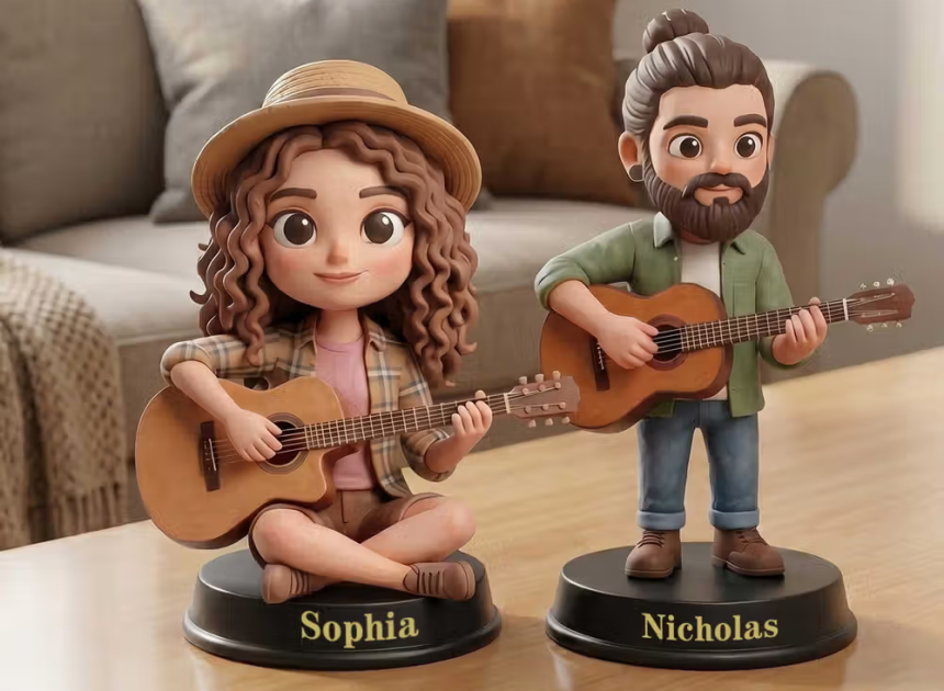Ein persönlicher Musikmoment als Miniatur: Personalisierte 3D-Miniaturfigur nach Foto mit Gitarre und Wunschtext