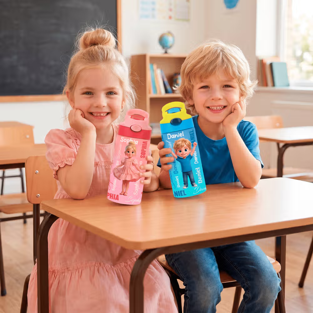Personalisierte Trinkflasche mit Cartoon-Figur vom Foto und Namenswolke: Spielerische Freude und bunte Frische für jeden Schultag