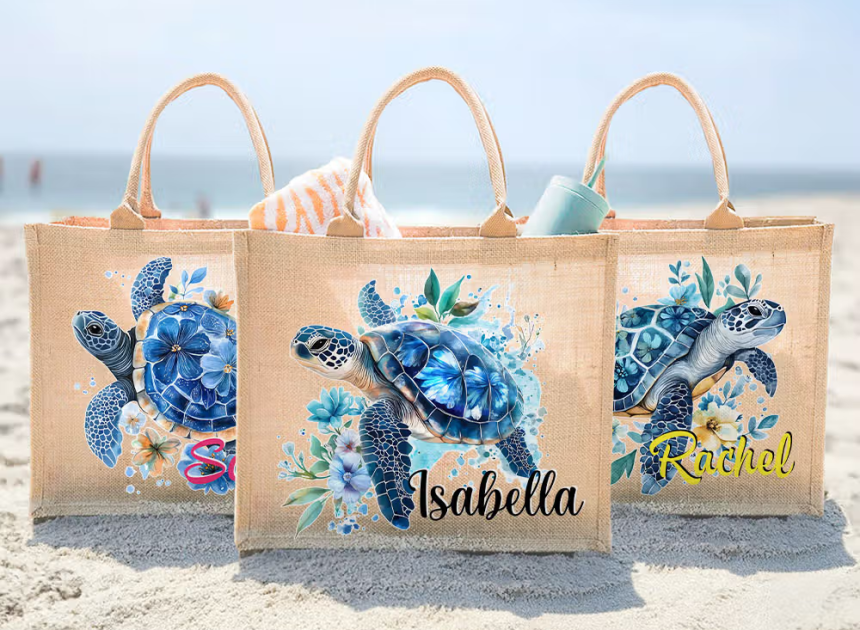 Personalisierte Jute-Tasche mit Meeresschildkröte und Namen: Maritime Leichtigkeit und natürliche Eleganz für jeden Sommertag