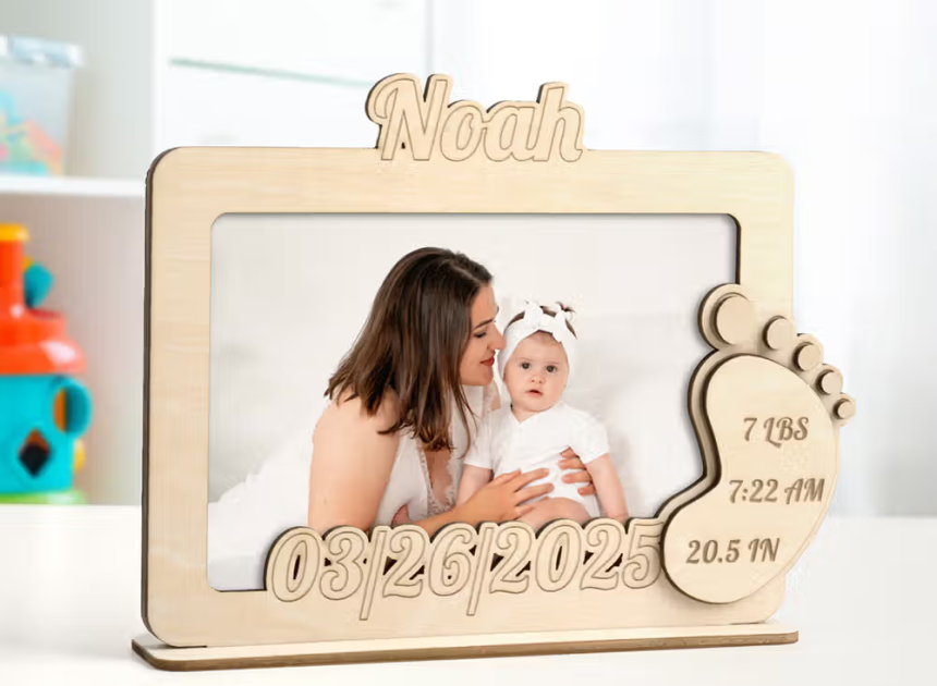 Zarte Fußabdrücke auf naturbelassenem Holz: Personalisierter Baby-Bilderrahmen aus Lindenholz mit Geburtsdaten