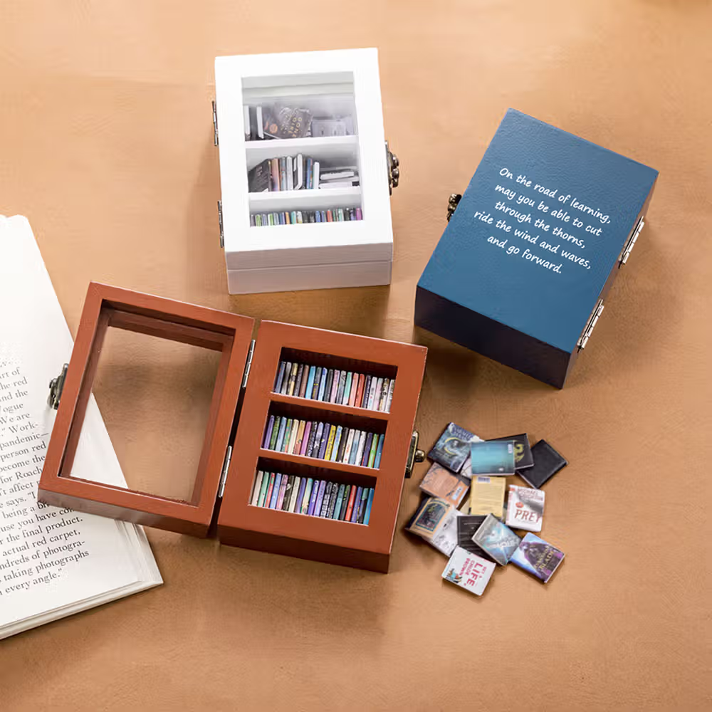 Personalisierte Miniatur Bücherregal Deko mit 60 Mini-Büchern und Wunschtext für Leseratten