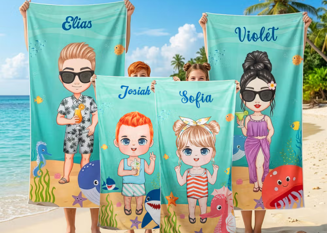 Bunte Meereswelt für sonnige Strandtage: Personalisiertes Meerwelt-Strandtuch mit Cartoon-Figur und Namen