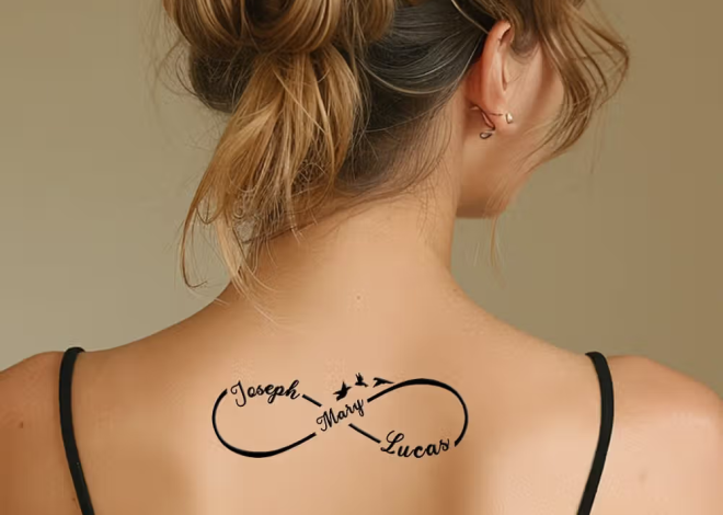 Auffliegende Vögel sanft auf der Haut: Personalisiertes temporäres Unendlichkeits-Tattoo mit Vögeln und drei Namen