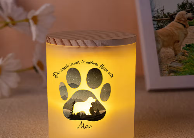 Personalisierte Hund-Silhouette Kerzenlampe aus Glas: LED-Trauerkerze mit Pfotenabdruck als Trauergeschenk für Tierliebhaber