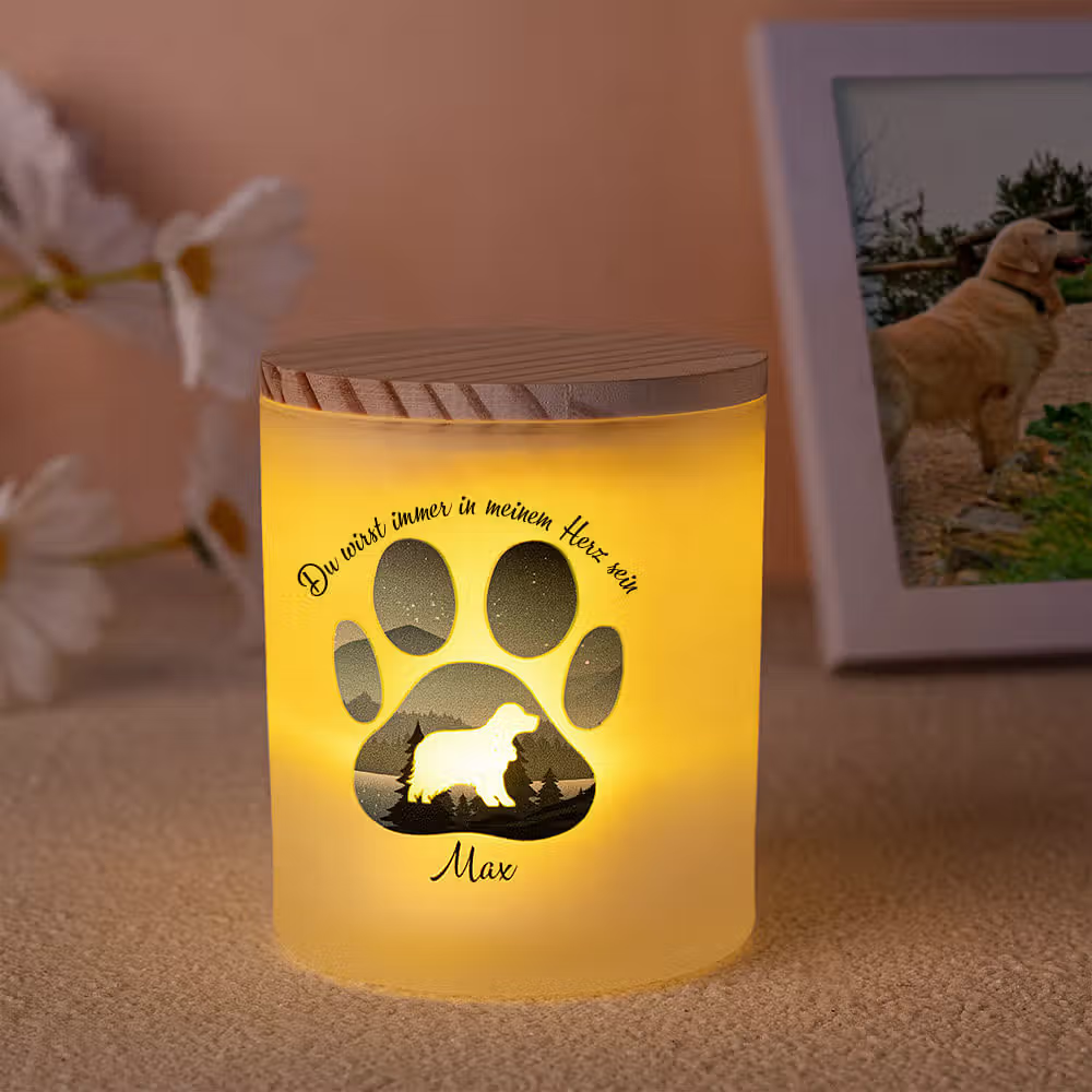 Personalisierte Hund-Silhouette Kerzenlampe aus Glas: LED-Trauerkerze mit Pfotenabdruck als Trauergeschenk für Tierliebhaber