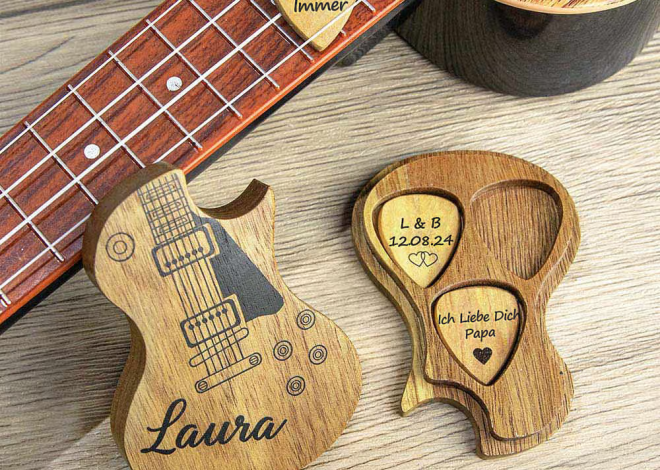 Personalisiertes Gitarren-Plektrum aus Holz mit Foto und Textgravur inklusive Aufbewahrungsbox