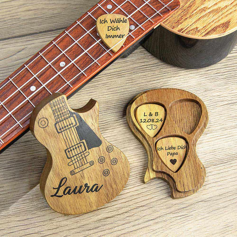 Personalisiertes Gitarren-Plektrum aus Holz mit Foto und Textgravur inklusive Aufbewahrungsbox