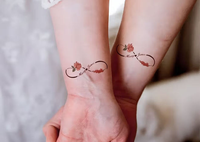 Verbundenheit zum Aufkleben: Personalisiertes temporäres Unendlichkeits-Tattoo mit Geburtsblumen und Namen