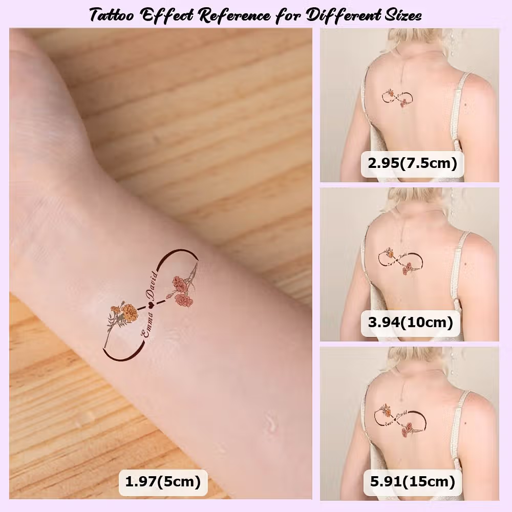 Personalisiertes temporäres Unendlichkeits-Tattoo mit Geburtsblumen und Namen