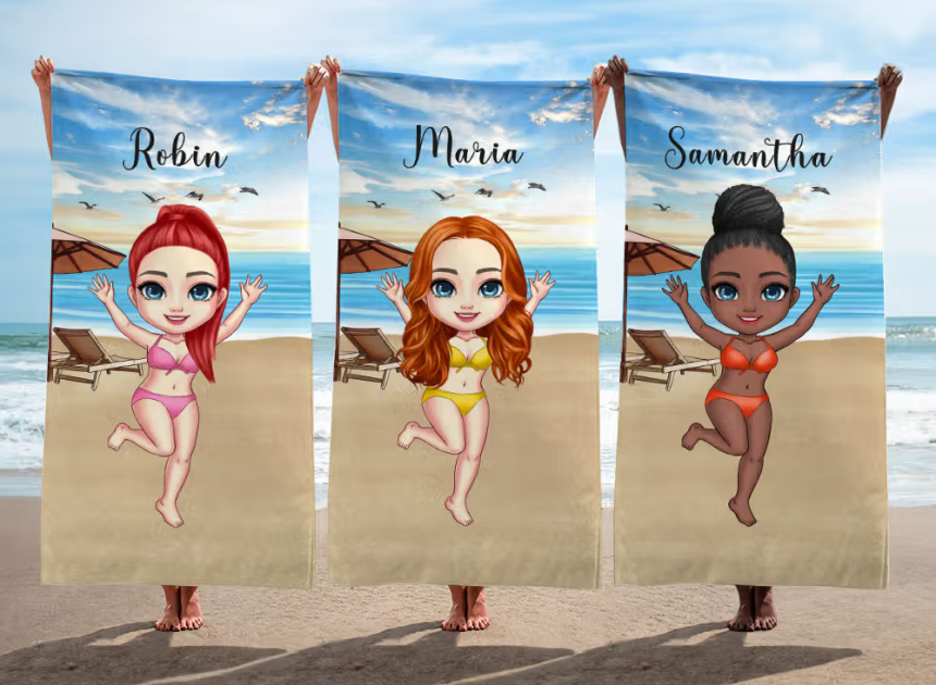 Personalisiertes Mikrofaser-Strandtuch mit Cartoon-Figur, Strandkulisse und Namen