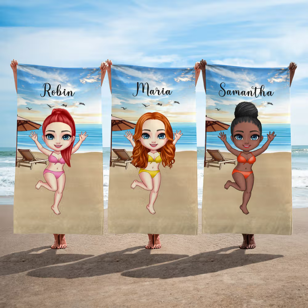 Personalisiertes Mikrofaser-Strandtuch mit Cartoon-Figur, Strandkulisse und Namen