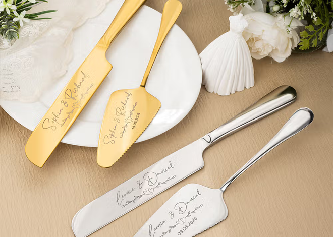 Besonderer Anschnitt zur Hochzeit: Personalisiertes Tortenbesteck-Set zur Hochzeit mit Wunschgravur