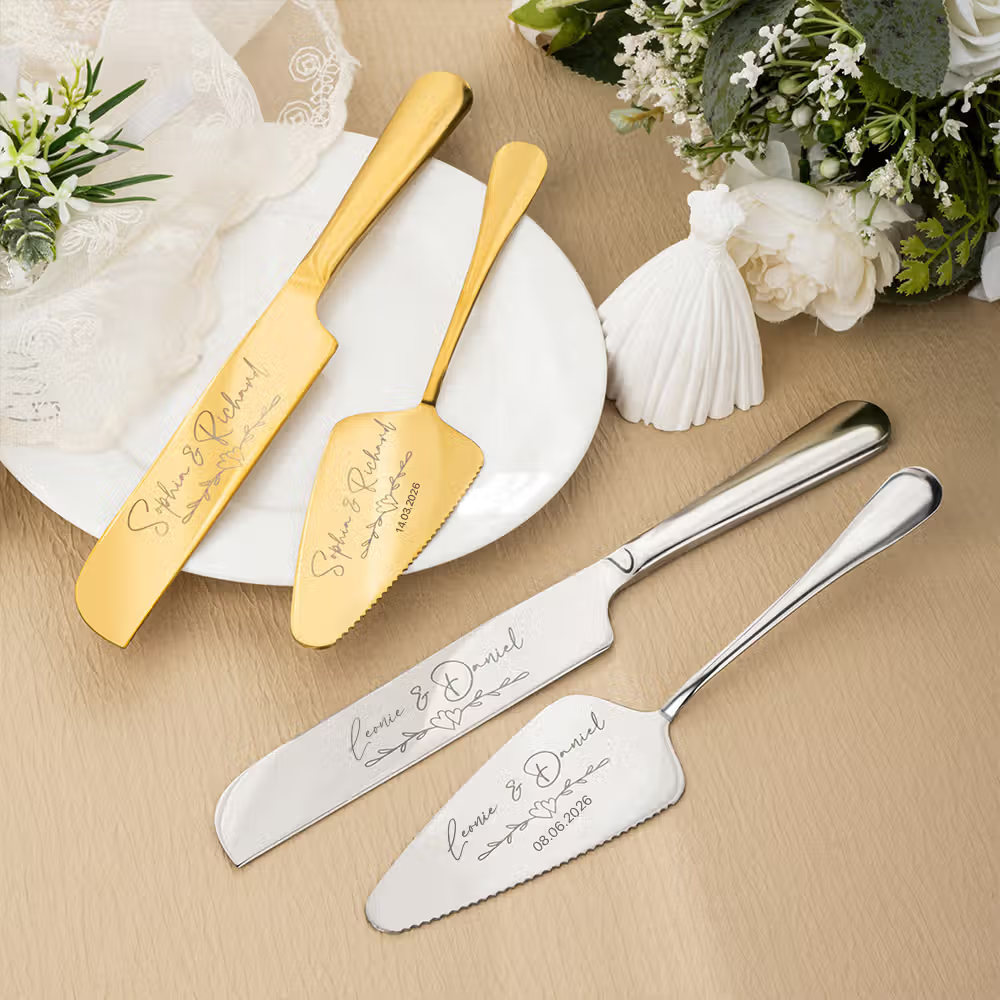 Besonderer Anschnitt zur Hochzeit: Personalisiertes Tortenbesteck-Set zur Hochzeit mit Wunschgravur