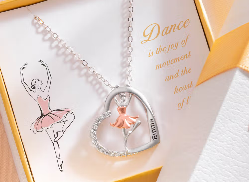 Ballettliebe im Kristallherz: Personalisierte Balletttänzerin-Halskette mit Zirkonia und Namensgravur