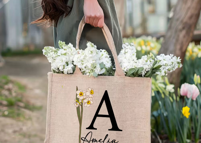 Persönlicher Begleiter für sonnige Tage: Personalisierte Jute-Tasche mit Geburtsblume, Initiale und Namen