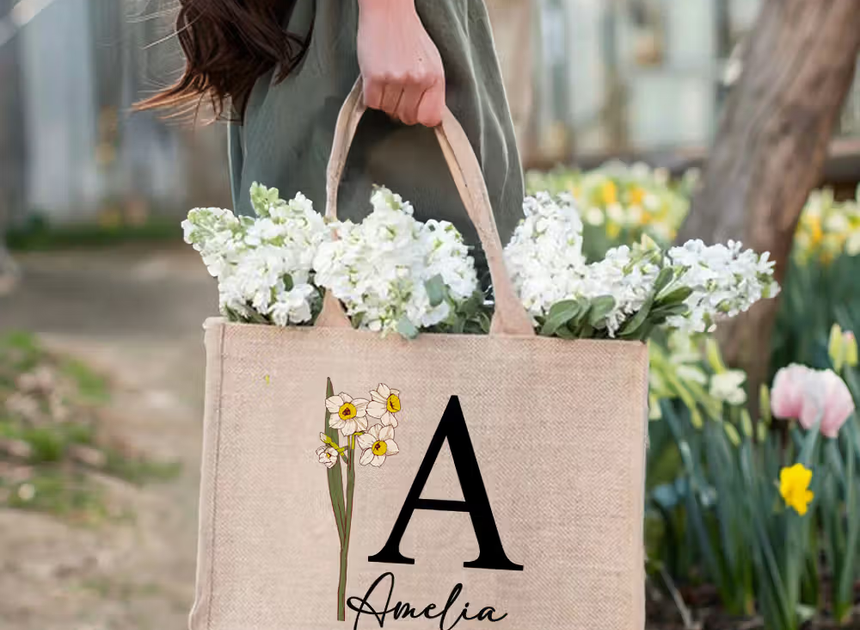 Persönlicher Begleiter für sonnige Tage: Personalisierte Jute-Tasche mit Geburtsblume, Initiale und Namen
