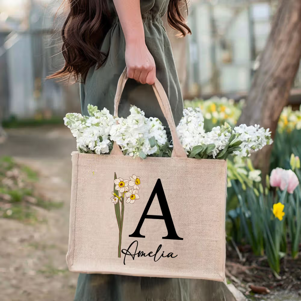 Persönlicher Begleiter für sonnige Tage: Personalisierte Jute-Tasche mit Geburtsblume, Initiale und Namen