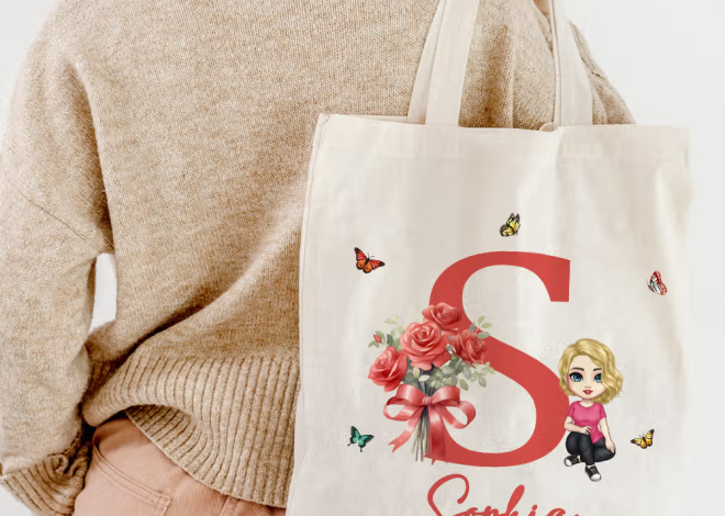 Personalisierte Canvas-Tragetasche mit Cartoon-Figur, Geburtsblumenstrauß und Namen