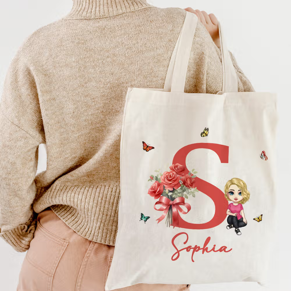 Personalisierte Canvas-Tragetasche mit Cartoon-Figur, Geburtsblumenstrauß und Namen