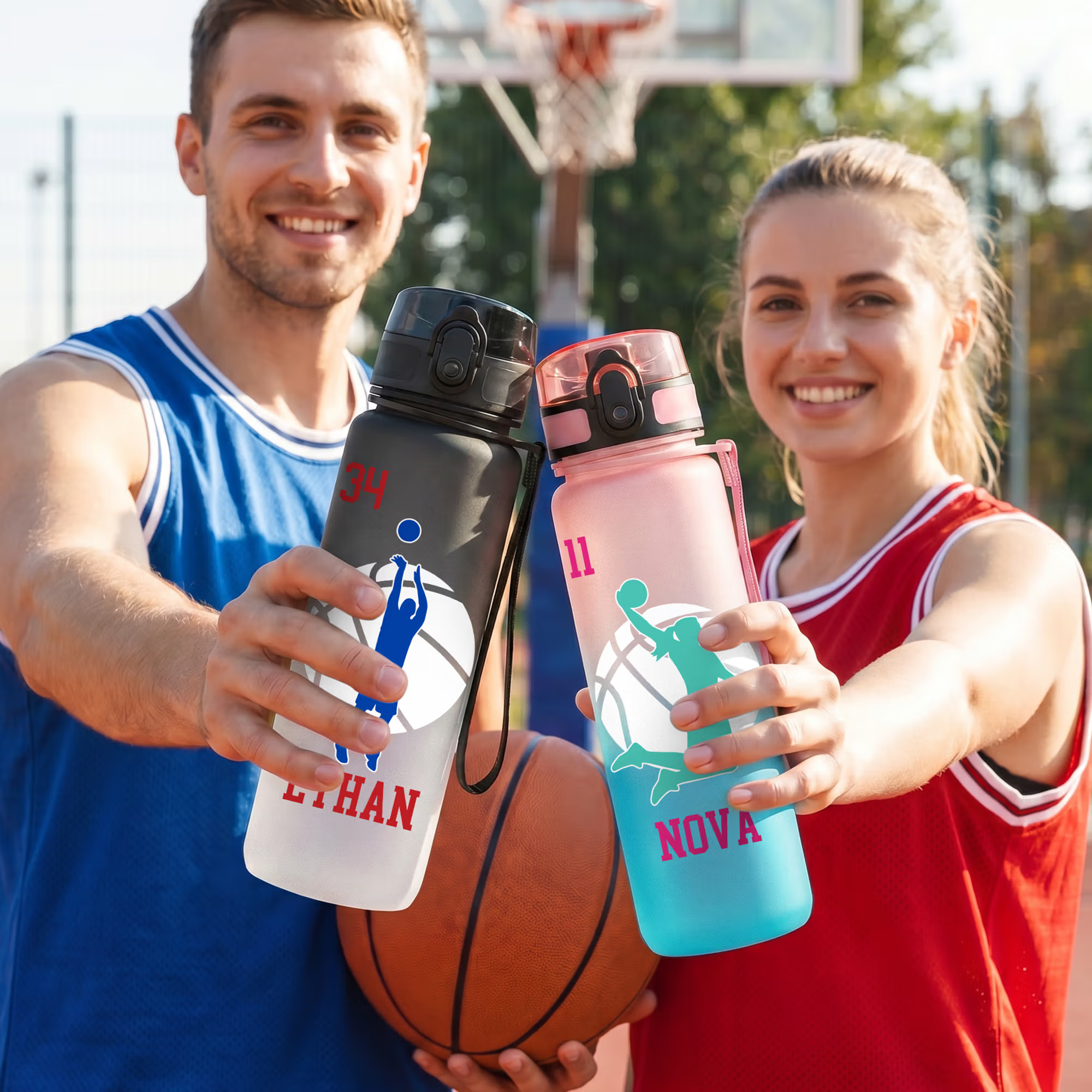 Personalisierte Basketball-Trinkflasche mit Spieler-Silhouette und Namensaufdruck