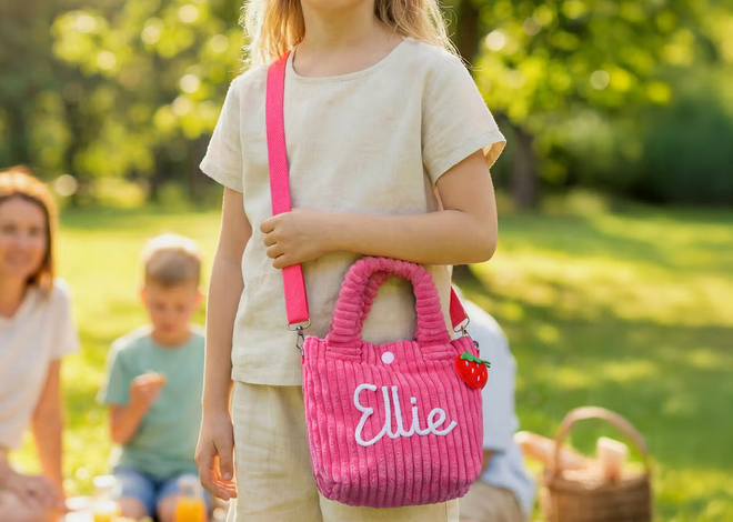 Personalisierte Kinder-Umhängetasche aus Cord mit gehäkeltem Namen und Blüten-Aufnäher