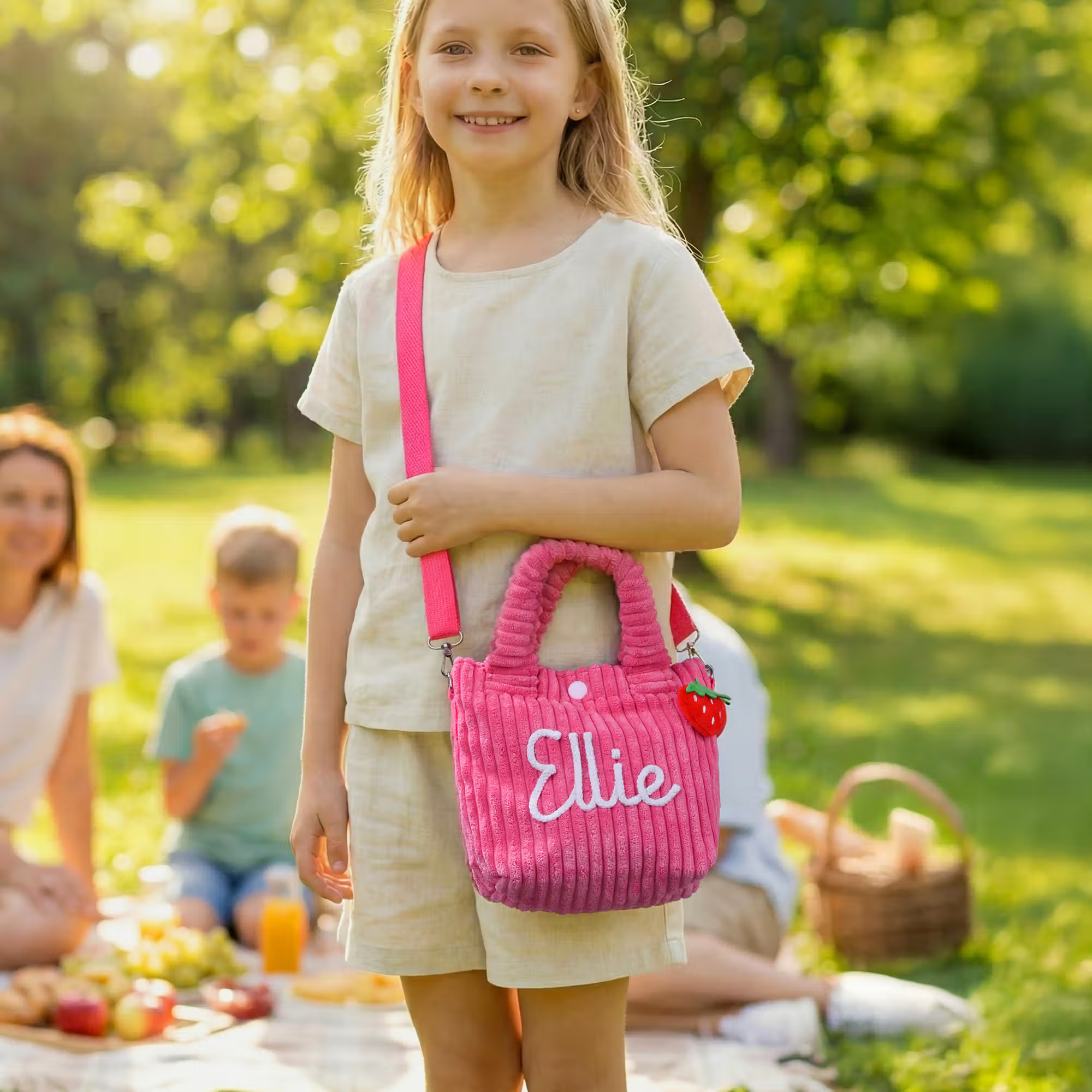 Personalisierte Kinder-Umhängetasche aus Cord mit gehäkeltem Namen und Blüten-Aufnäher